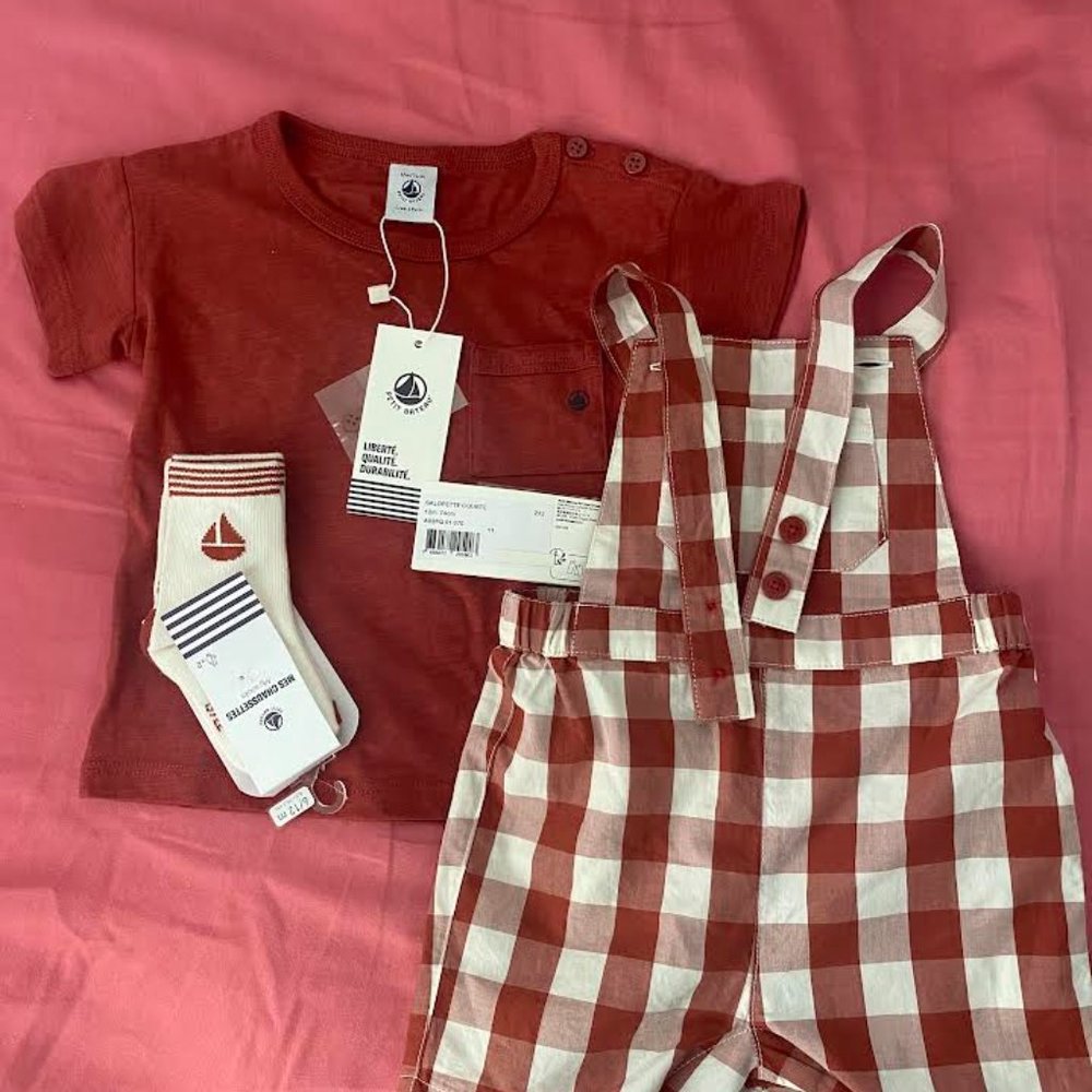 PETIT BATEAU Rust and Cream Plaid Overalls/TShirt/Socks Matching Set NWT!!